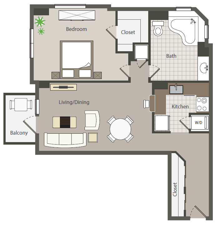 Floor plan for 1 bed, 1 bath, 803 sqft